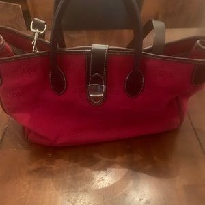 Designer red bag with build in change purse, glasses case and adjustable strap